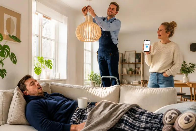 Hjælper hænger lampe op mens den dovne mand sover på sofaen